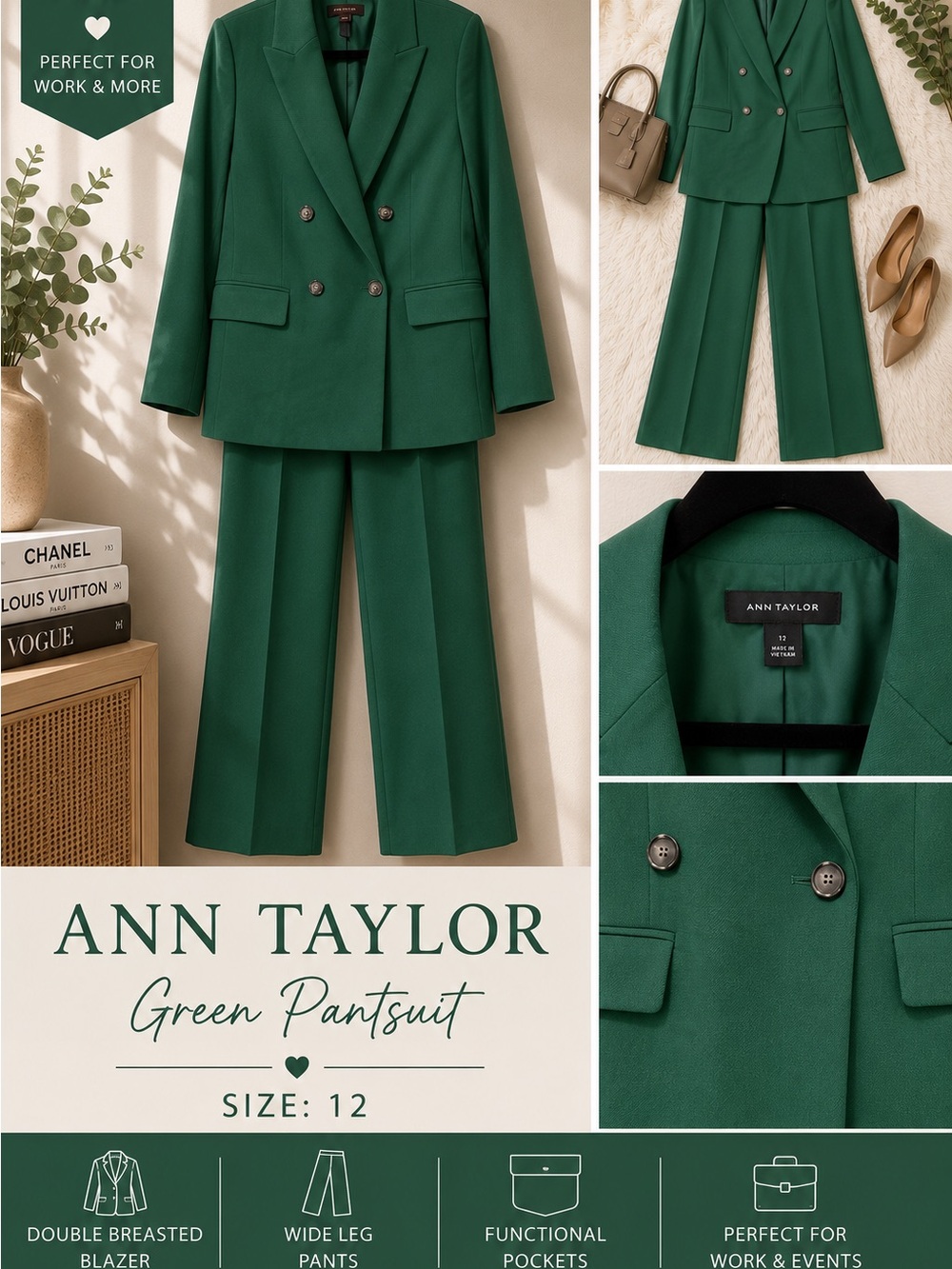 Ann Taylor Emerald Green Double-Breasted Pantsuit
